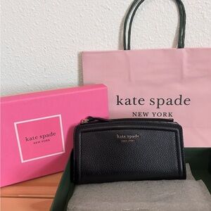 NWT🎀Boxed Kate Spade Knott Zip Slim Bifold Leather Large Wallet in Black Gift